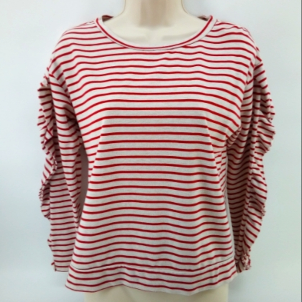 Lucky Brand Red White Striped Ruffle Sleeve Top XS Cotton Blend Patriotic